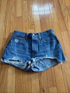 Levi 501 Classic High-Rise Distressed Denim Shorts - Blue